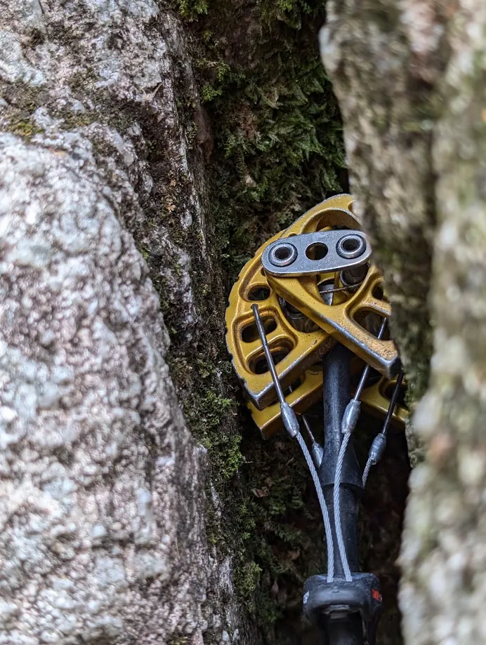 A gold cam placed in a mossy granite crack.