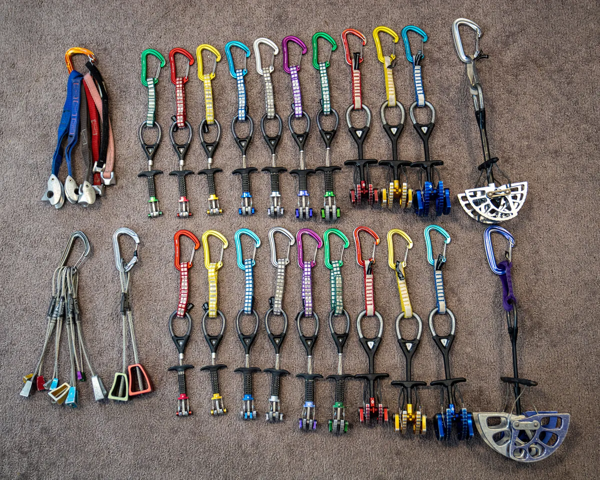 Trad gear: Two trad racks, a tiny cam, a large cam, a nut rack and draws.