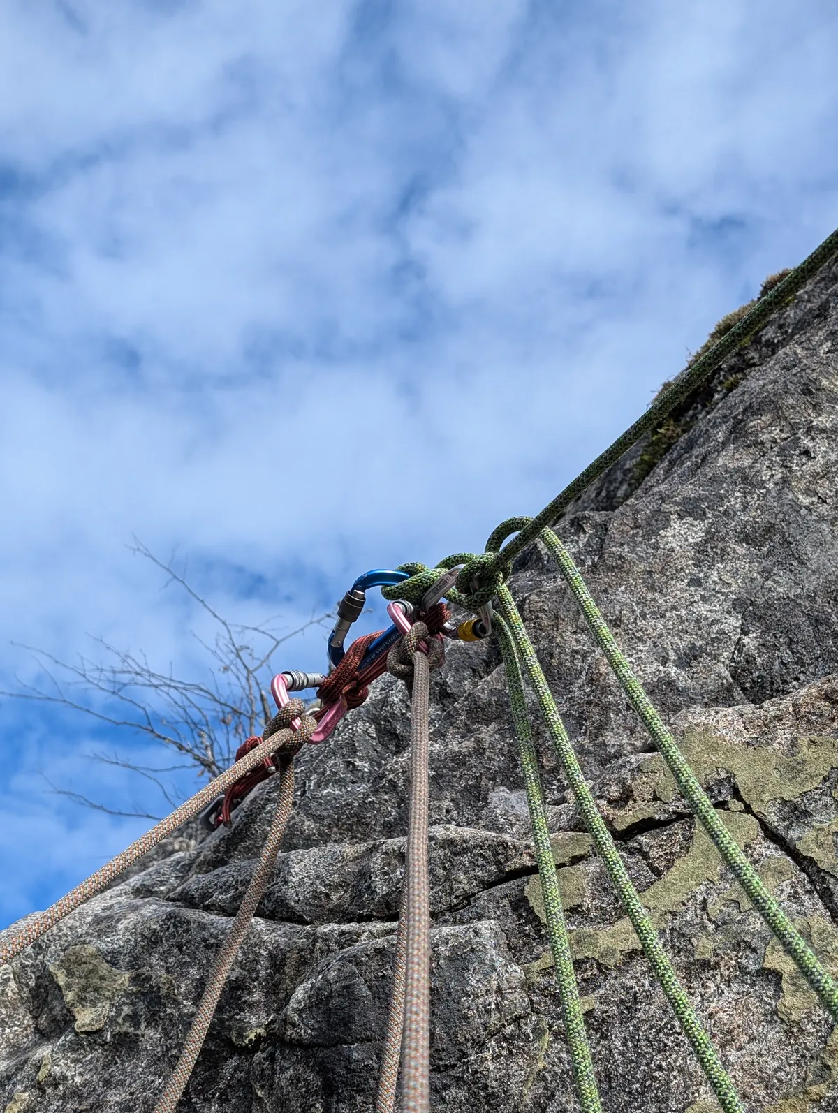 Four climbers tied in at an achor.
