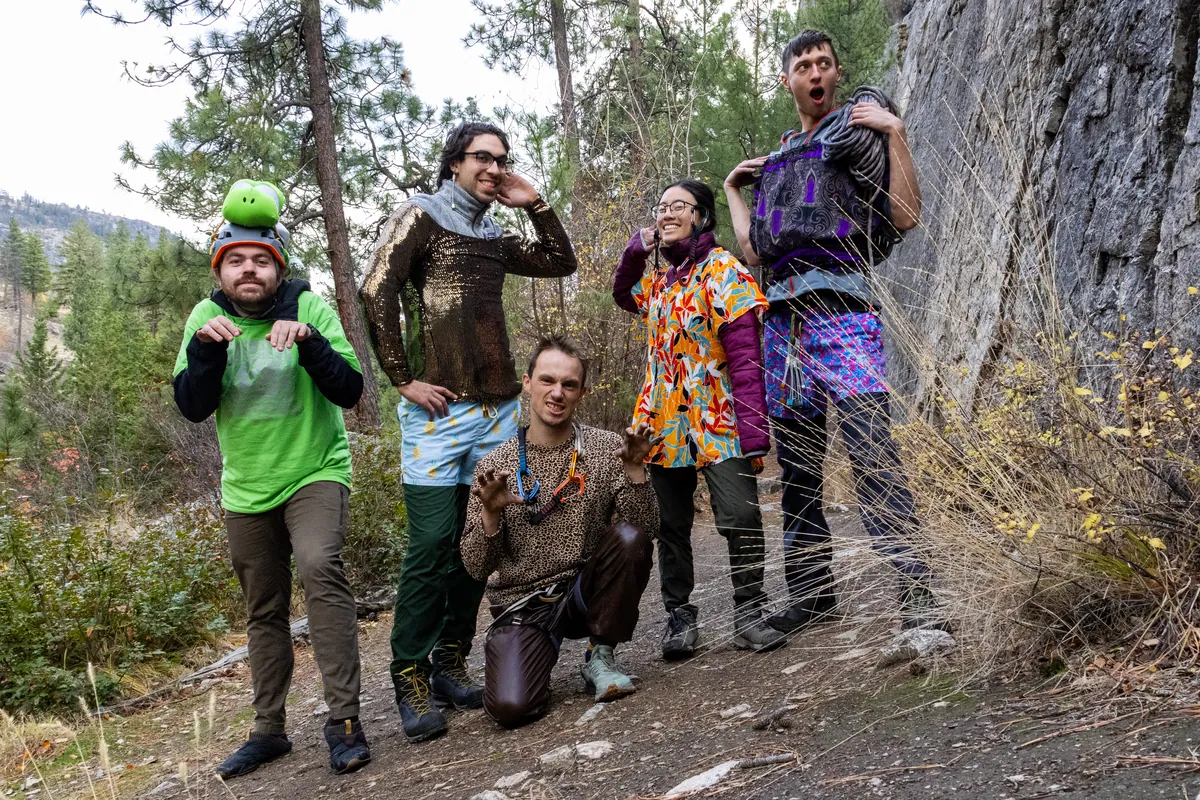 Five of us in costume pulling faces in the trees below the bluffs.