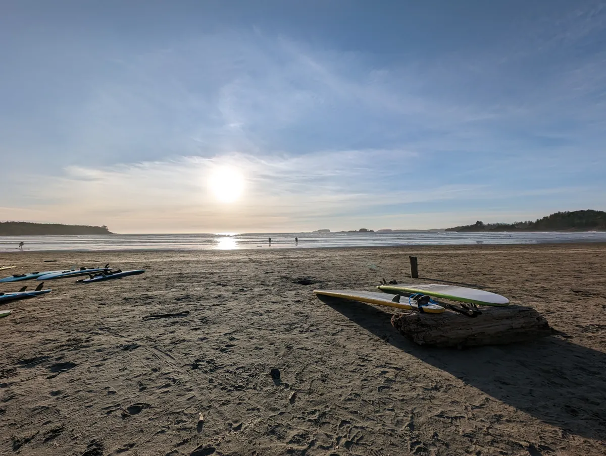 Cox Bay beach at sunset.