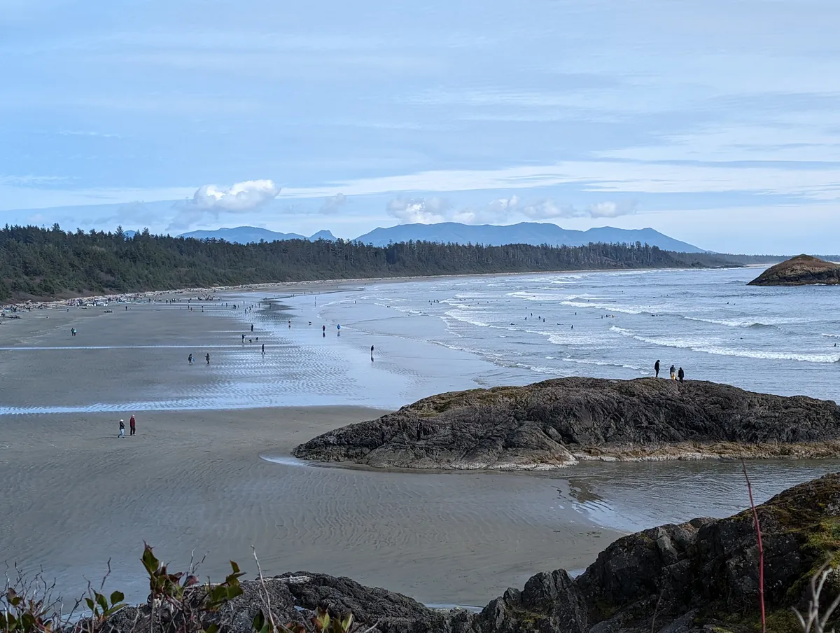 Long beach at low tide.