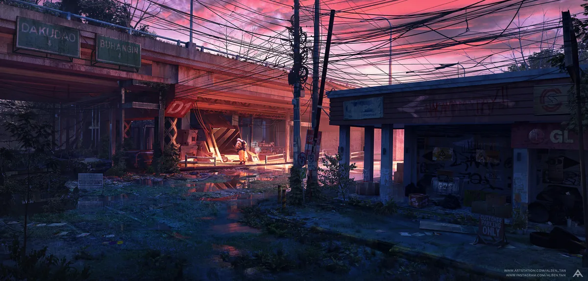 Concept art of a ruined street at dusk, tangled power lines hanging over collapsed shopfronts.