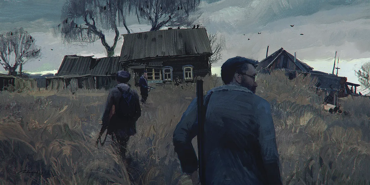 Painting of two armed figures walking through long grass toward a derelict farmhouse under a grey sky.