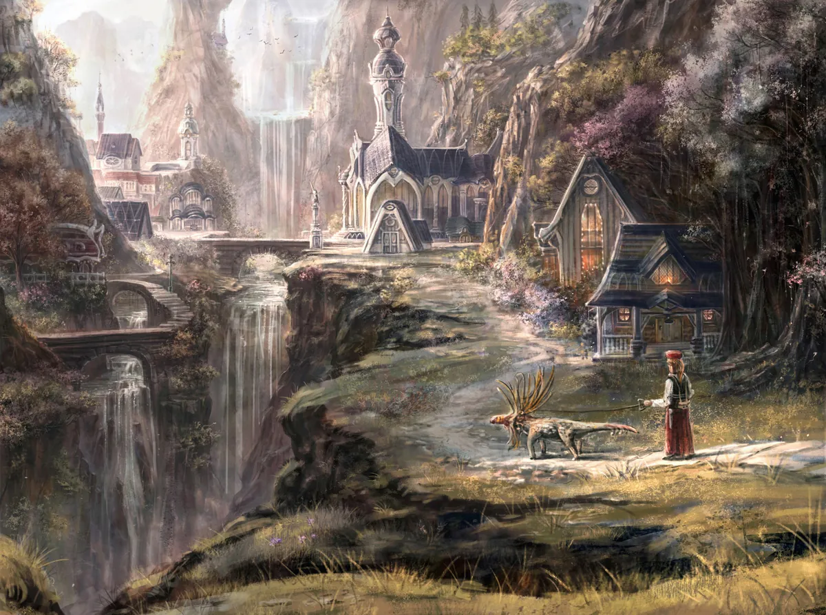 Painting of a fantasy village beside a waterfall, a cloaked figure leading a reindeer-drawn sled toward a lit cottage.